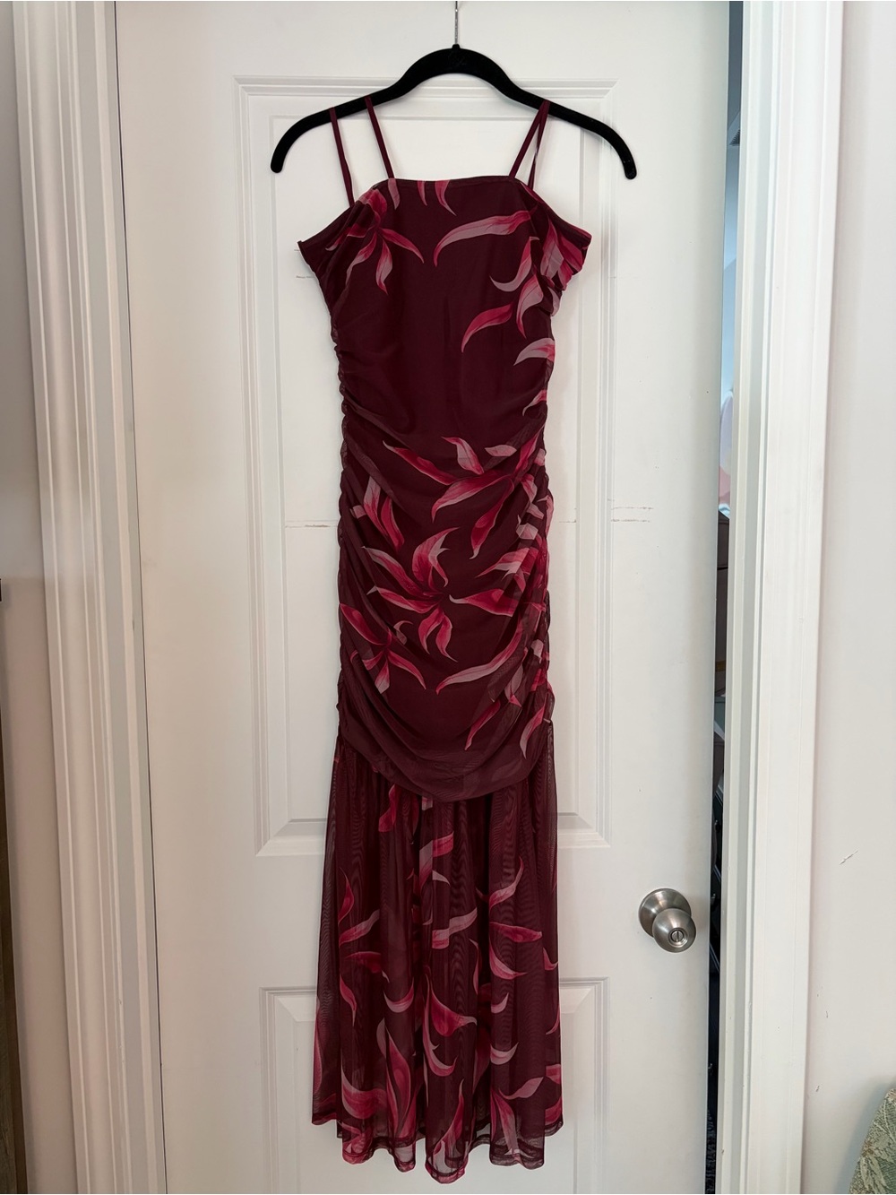 Francesca's Collections Liz Floral Strapless Burgundy and Pink Ruched Midi Dress